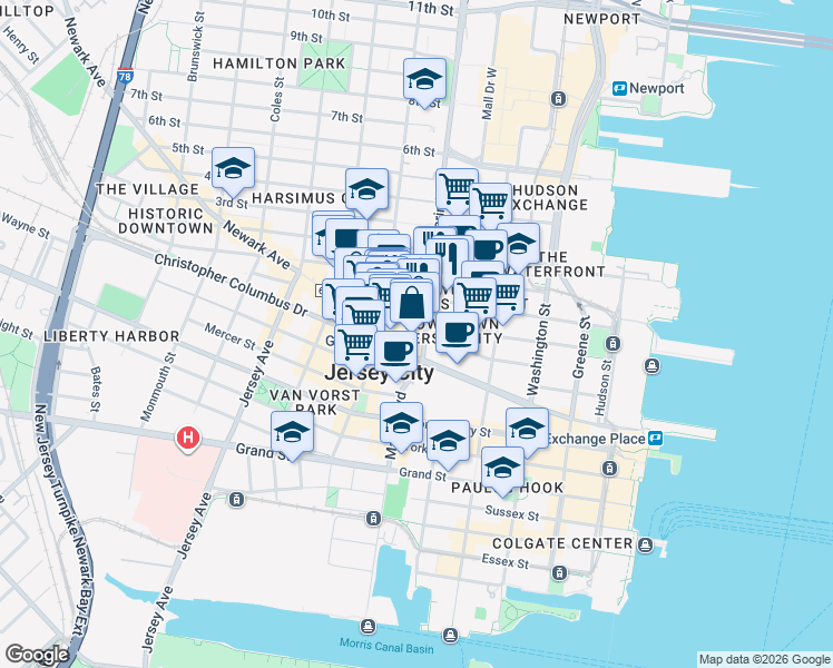 map of restaurants, bars, coffee shops, grocery stores, and more near 343 Marin Boulevard in Jersey City