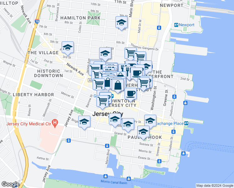map of restaurants, bars, coffee shops, grocery stores, and more near 343 Marin Boulevard in Jersey City