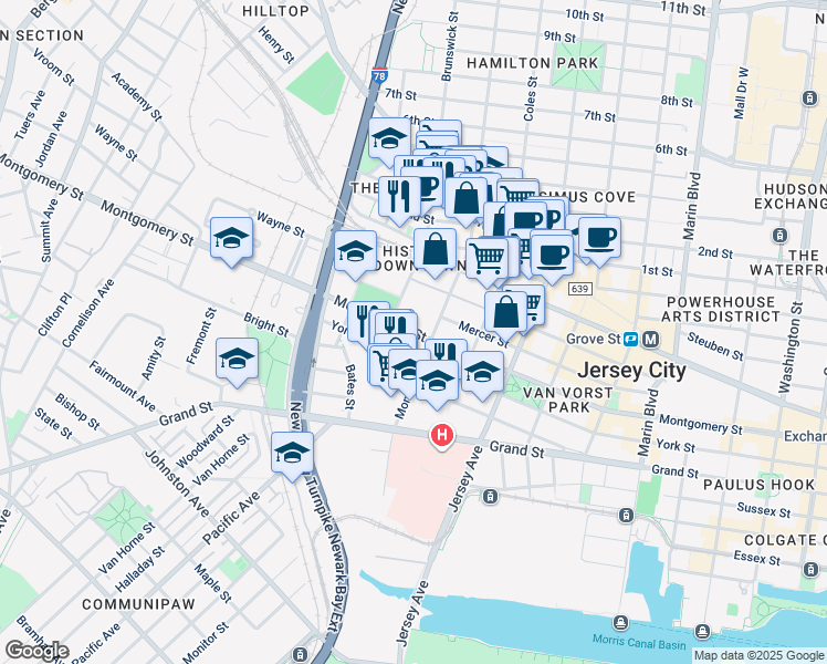 map of restaurants, bars, coffee shops, grocery stores, and more near in Jersey City