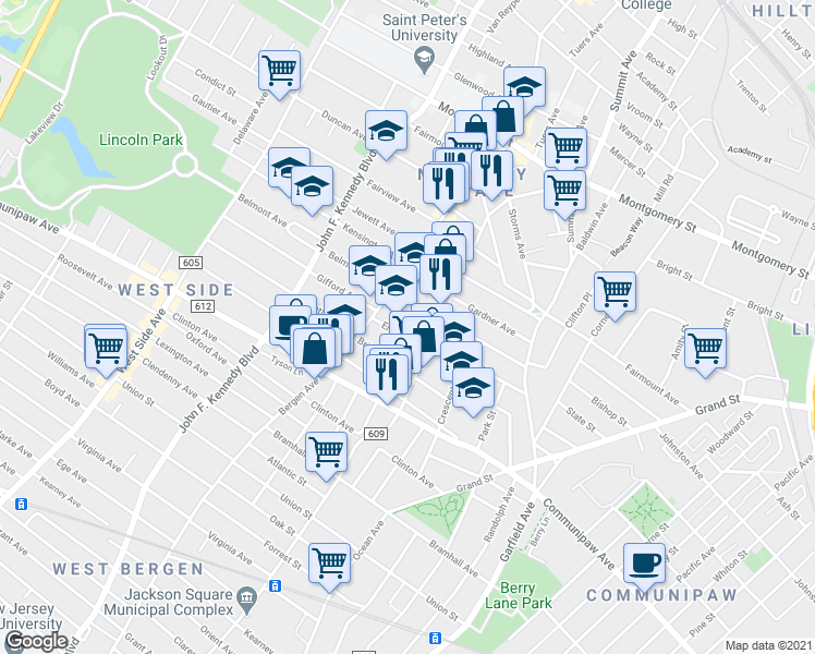 map of restaurants, bars, coffee shops, grocery stores, and more near 100 Belmont Avenue in Jersey City