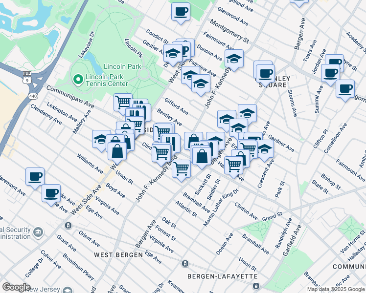 map of restaurants, bars, coffee shops, grocery stores, and more near 2419 John F. Kennedy Boulevard in Jersey City