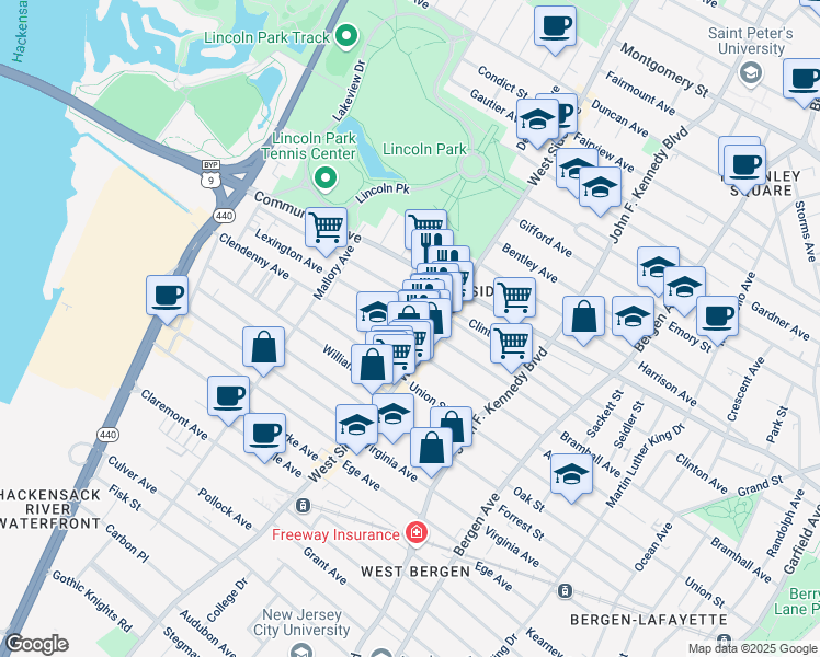 map of restaurants, bars, coffee shops, grocery stores, and more near 37 Roosevelt Avenue in Jersey City