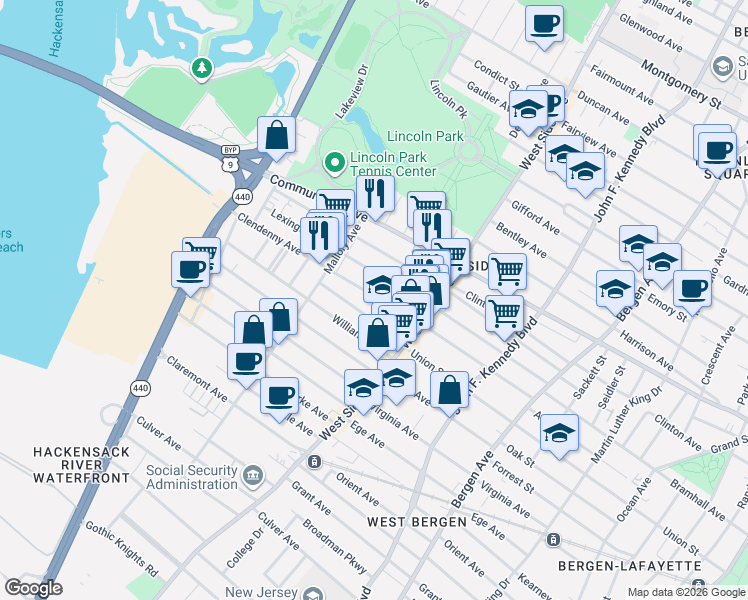 map of restaurants, bars, coffee shops, grocery stores, and more near 189 Lexington Avenue in Jersey City