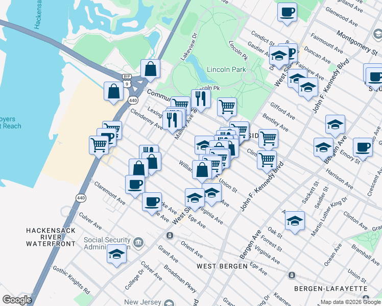 map of restaurants, bars, coffee shops, grocery stores, and more near 238 Clendenny Avenue in Jersey City
