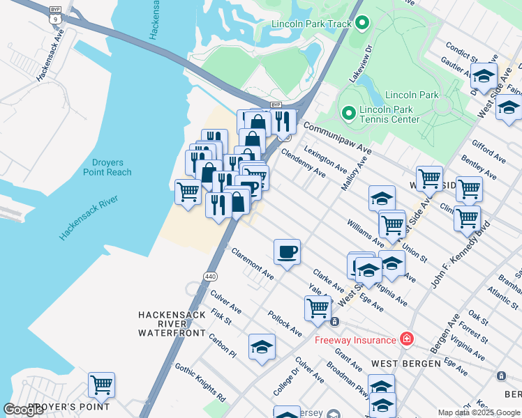 map of restaurants, bars, coffee shops, grocery stores, and more near 694 Virginia Avenue in Jersey City