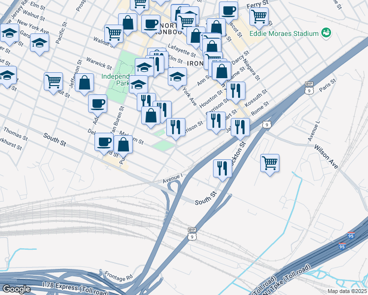 map of restaurants, bars, coffee shops, grocery stores, and more near 15 Garrison Street in Newark