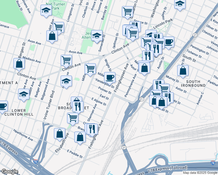 map of restaurants, bars, coffee shops, grocery stores, and more near 137-143 Sherman Avenue in Newark