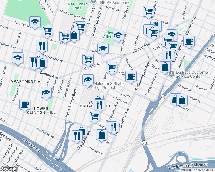map of restaurants, bars, coffee shops, grocery stores, and more near 60 Milford Avenue in Newark