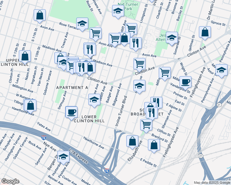 map of restaurants, bars, coffee shops, grocery stores, and more near 107 West Alpine Street in Newark