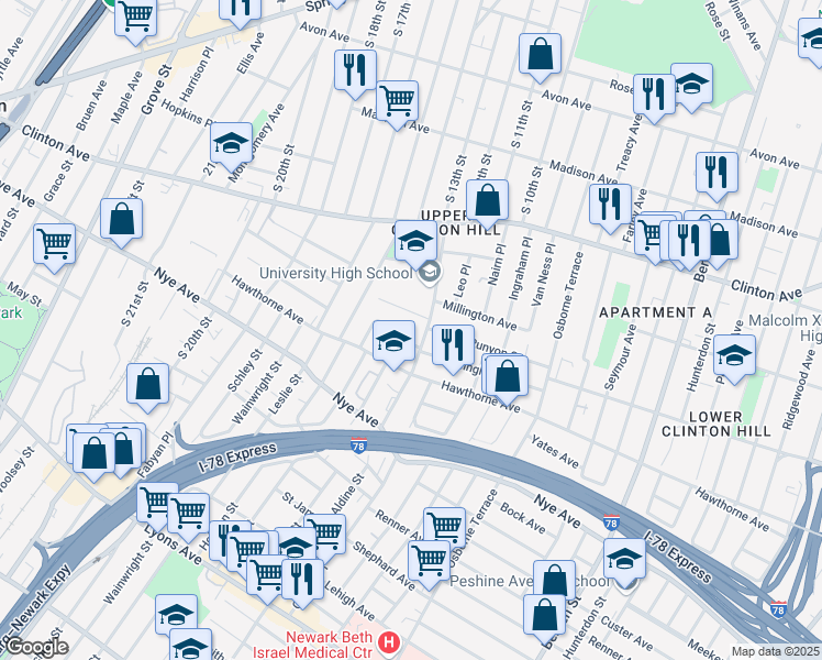 map of restaurants, bars, coffee shops, grocery stores, and more near 5 White Terrace in Newark