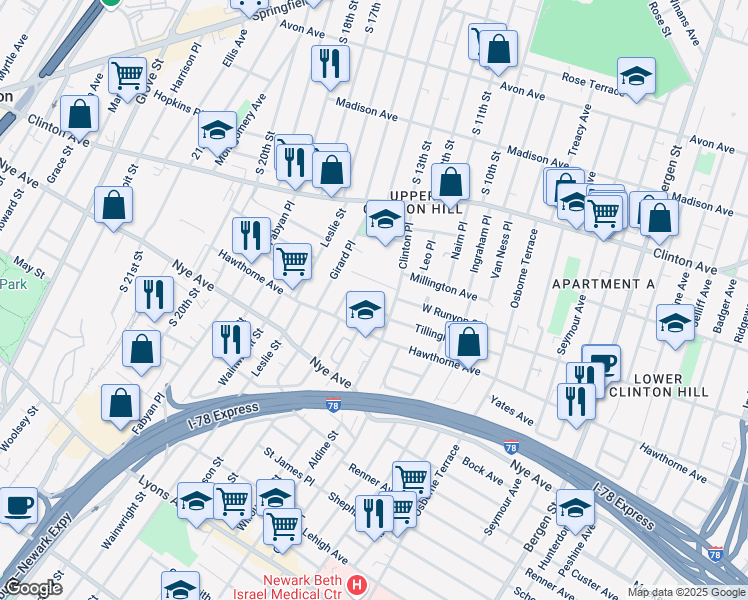 map of restaurants, bars, coffee shops, grocery stores, and more near 24 White Terrace in Newark