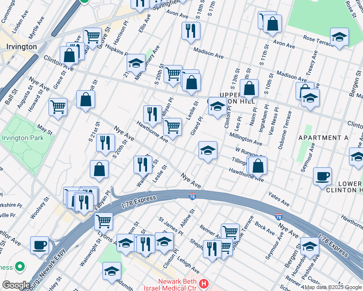 map of restaurants, bars, coffee shops, grocery stores, and more near 85-87 Girard Place in Newark