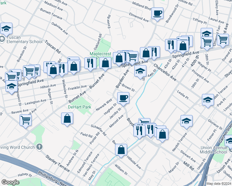 map of restaurants, bars, coffee shops, grocery stores, and more near 326 Boyden Avenue in Maplewood