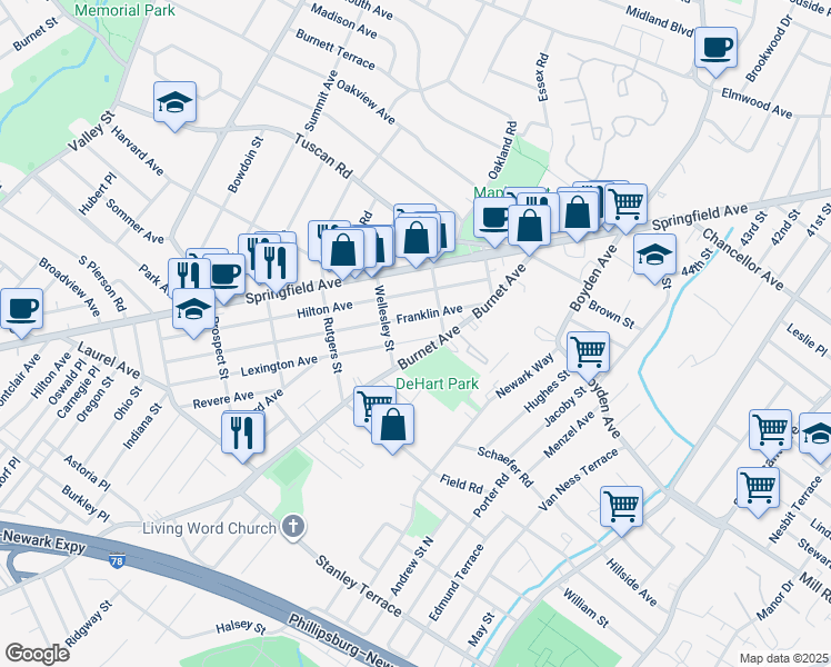 map of restaurants, bars, coffee shops, grocery stores, and more near 52 Franklin Avenue in Maplewood