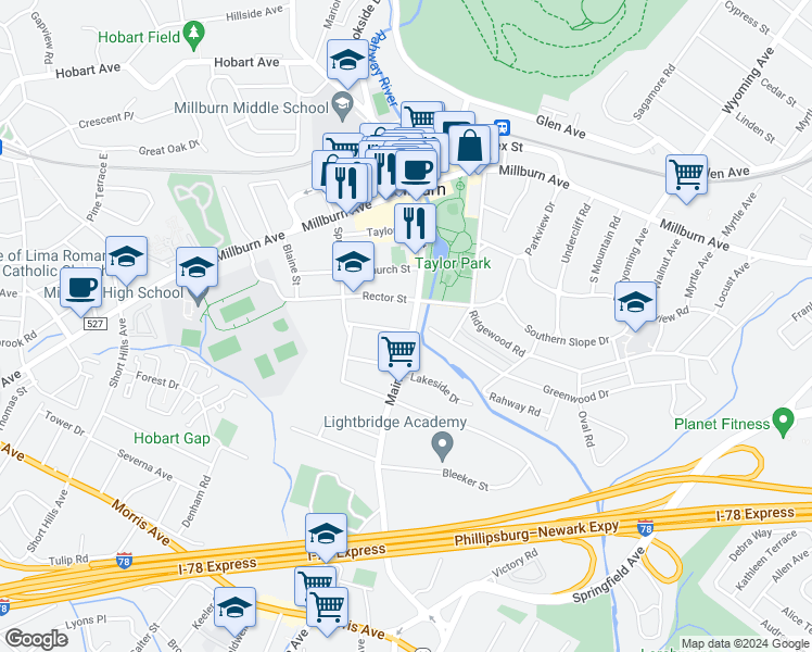 map of restaurants, bars, coffee shops, grocery stores, and more near 150 Main Street in Essex County