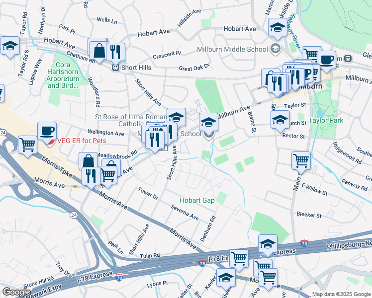 map of restaurants, bars, coffee shops, grocery stores, and more near 494 Woodstone Circle in Millburn
