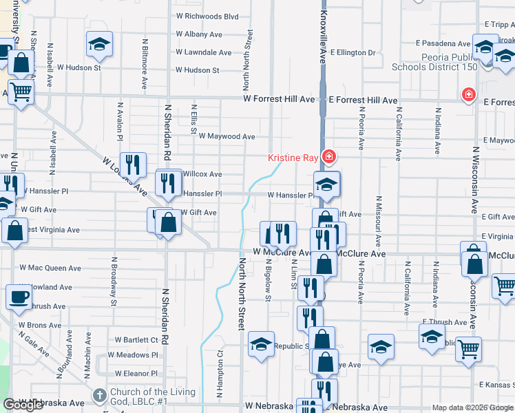 map of restaurants, bars, coffee shops, grocery stores, and more near 311 West Hanssler Place in Peoria