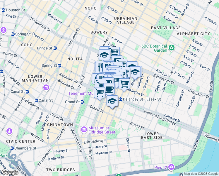 map of restaurants, bars, coffee shops, grocery stores, and more near 184 Eldridge Street in New York