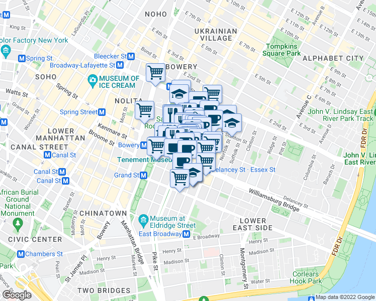 map of restaurants, bars, coffee shops, grocery stores, and more near 184 Eldridge Street in New York