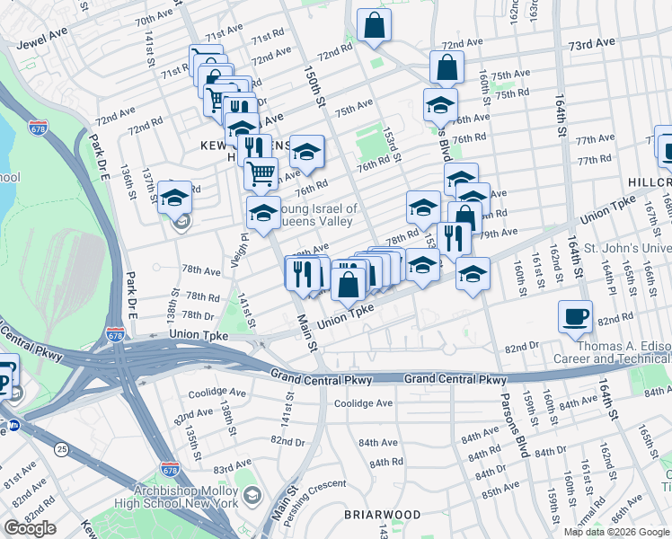 map of restaurants, bars, coffee shops, grocery stores, and more near 78-04 147th Street in Queens