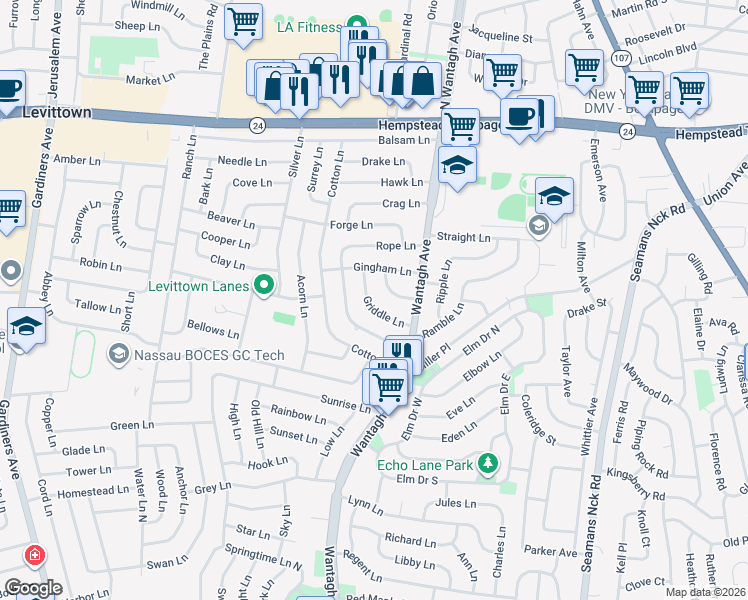 map of restaurants, bars, coffee shops, grocery stores, and more near 7 Saucer Lane in Levittown