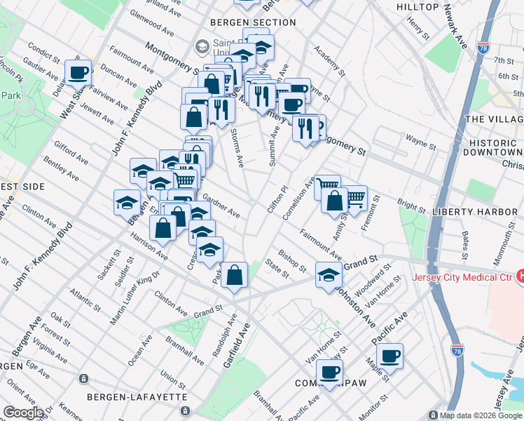 map of restaurants, bars, coffee shops, grocery stores, and more near 158 Fairmount Avenue in Jersey City