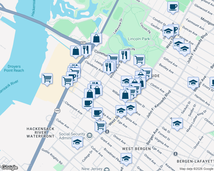 map of restaurants, bars, coffee shops, grocery stores, and more near 12 Miller Street in Jersey City