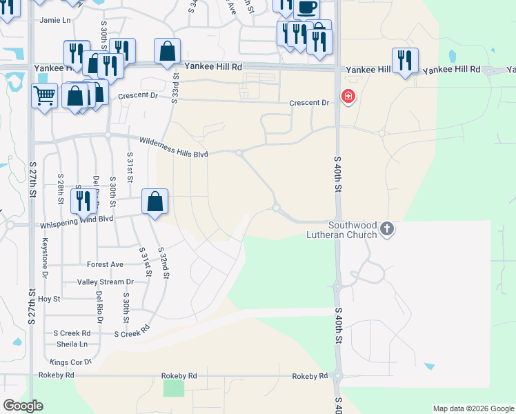 map of restaurants, bars, coffee shops, grocery stores, and more near 9025 South 40th Street in Lincoln
