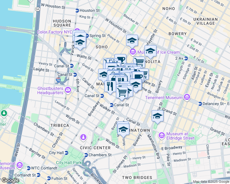 map of restaurants, bars, coffee shops, grocery stores, and more near 9 Crosby Street in New York