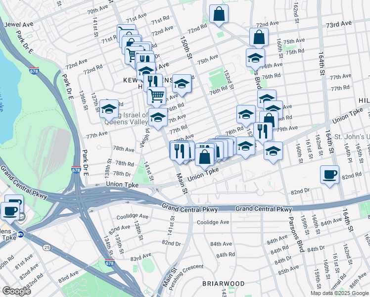 map of restaurants, bars, coffee shops, grocery stores, and more near 78-04 147th Street in Queens