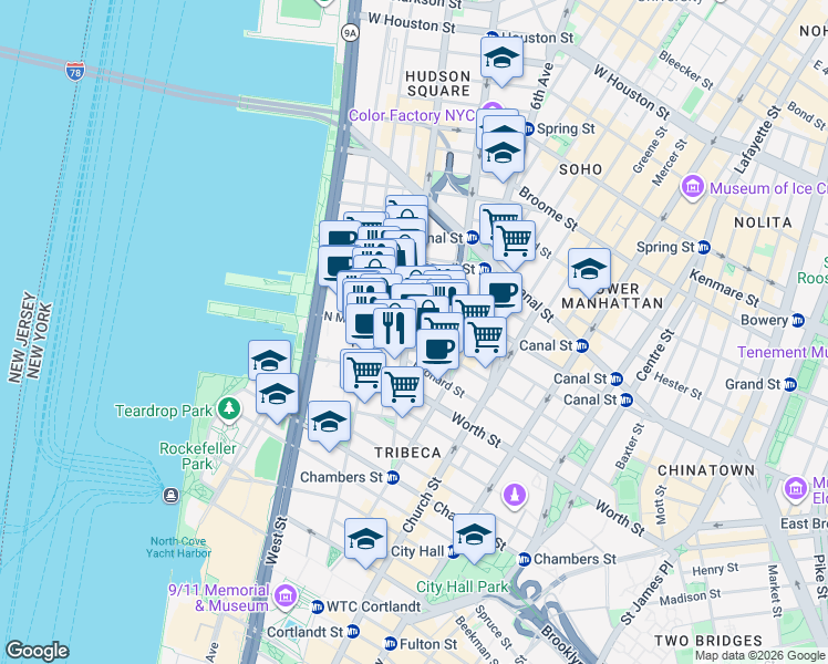 map of restaurants, bars, coffee shops, grocery stores, and more near 120 Hudson Street in New York