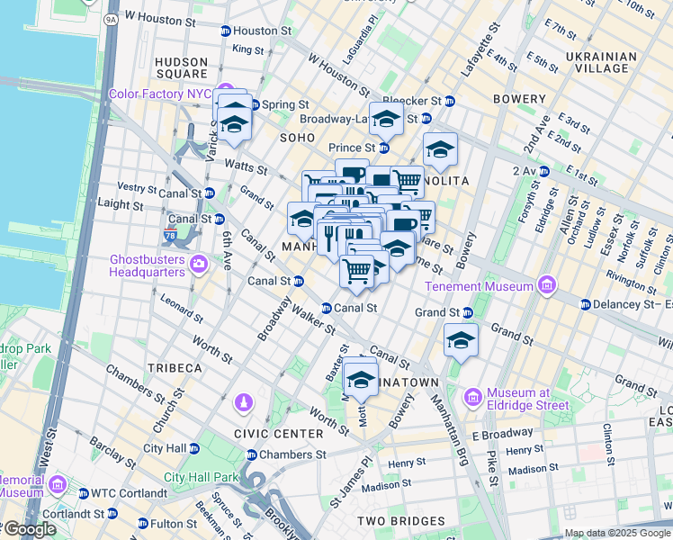 map of restaurants, bars, coffee shops, grocery stores, and more near 9 Crosby Street in New York