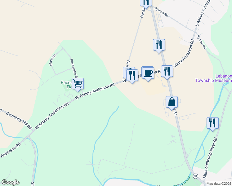map of restaurants, bars, coffee shops, grocery stores, and more near 46 Asbury Anderson Road in Washington