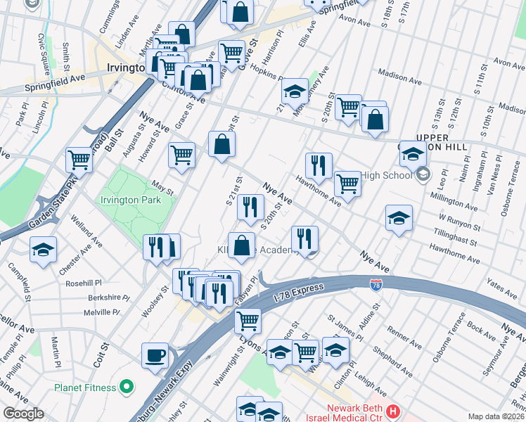 map of restaurants, bars, coffee shops, grocery stores, and more near 302 Nye Avenue in Irvington