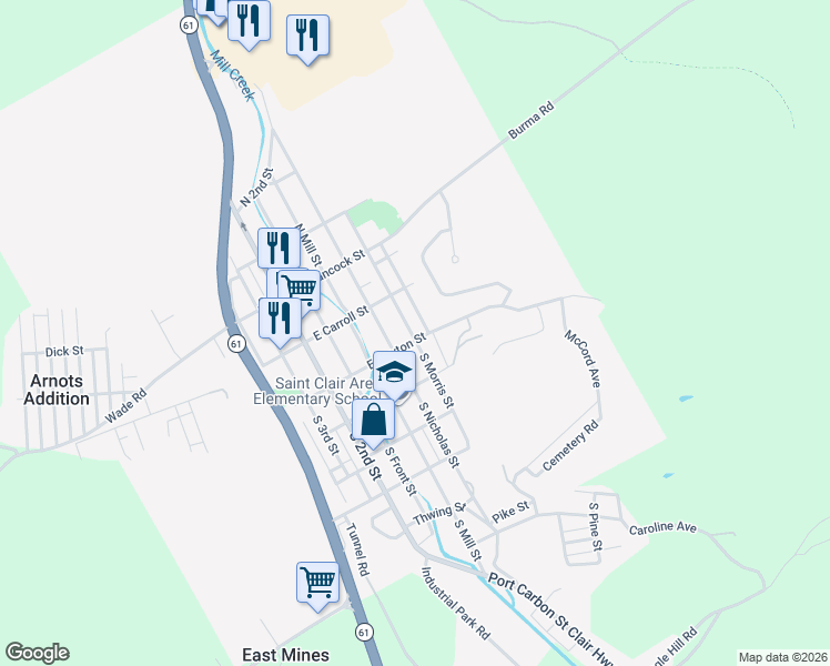map of restaurants, bars, coffee shops, grocery stores, and more near 21 South Morris Street in Saint Clair