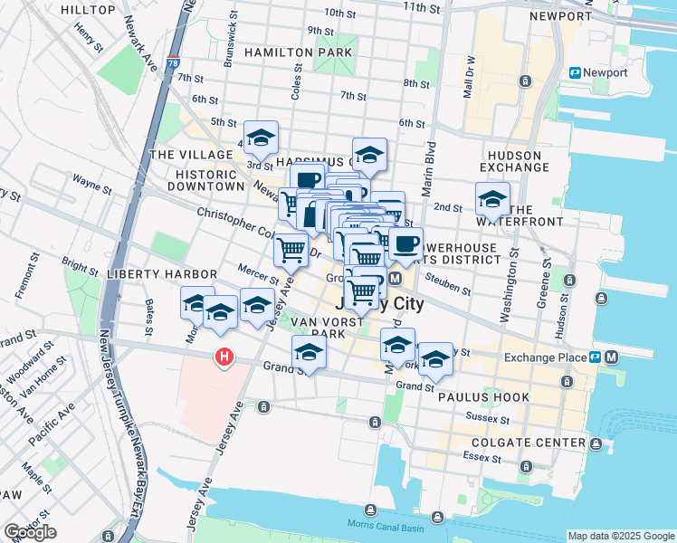 map of restaurants, bars, coffee shops, grocery stores, and more near in Jersey City