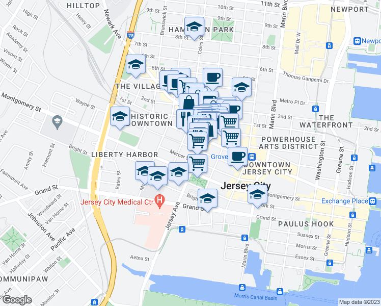 map of restaurants, bars, coffee shops, grocery stores, and more near 124 Mercer Street in Jersey City