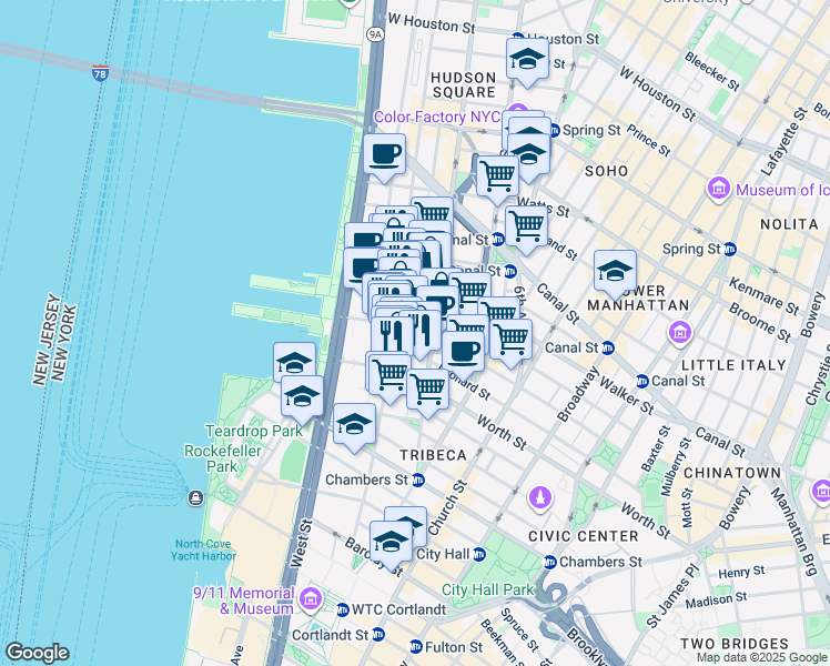 map of restaurants, bars, coffee shops, grocery stores, and more near 397 Greenwich Street in New York