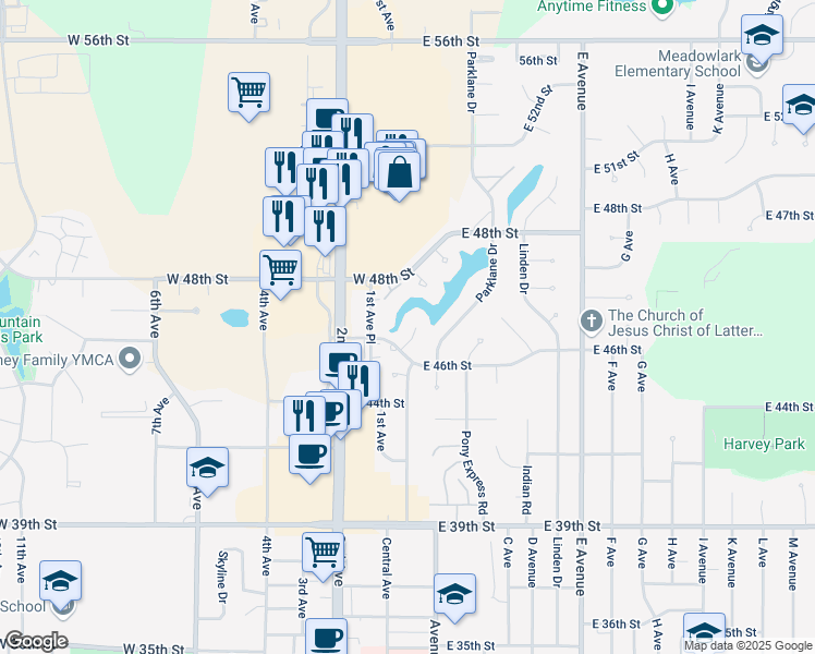 map of restaurants, bars, coffee shops, grocery stores, and more near 98 Crestview Place in Kearney