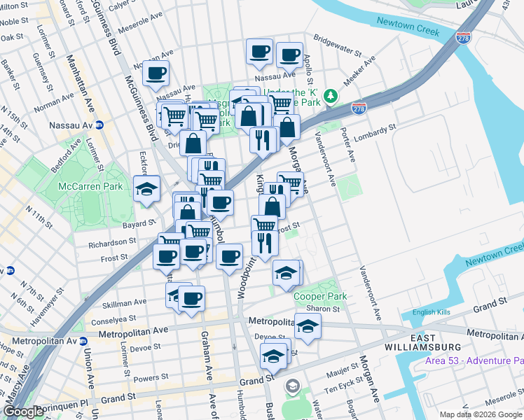 map of restaurants, bars, coffee shops, grocery stores, and more near 117 Kingsland Avenue in Brooklyn