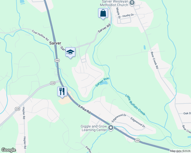 map of restaurants, bars, coffee shops, grocery stores, and more near 171 Creek Side Drive in Sarver