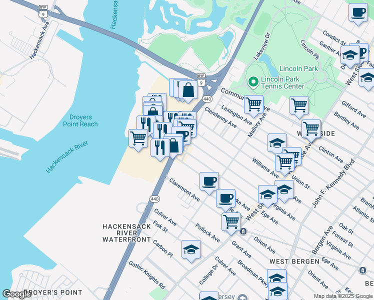 map of restaurants, bars, coffee shops, grocery stores, and more near 13 Bennett Street in Jersey City