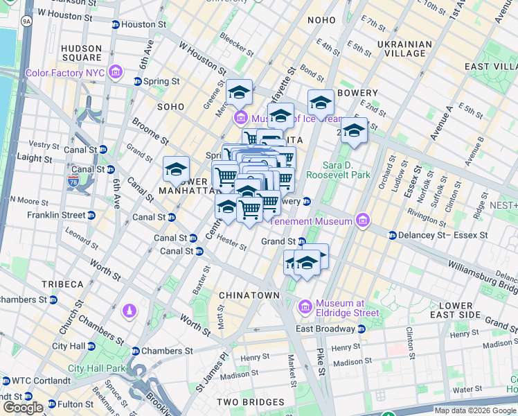 map of restaurants, bars, coffee shops, grocery stores, and more near 167 Mott Street in New York