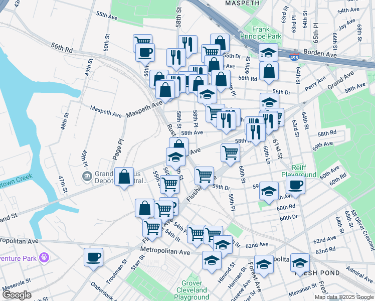 map of restaurants, bars, coffee shops, grocery stores, and more near 58-27 58th Road in Queens