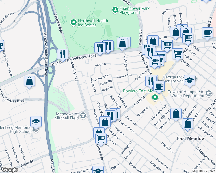 map of restaurants, bars, coffee shops, grocery stores, and more near 1711 Royal Road in East Meadow