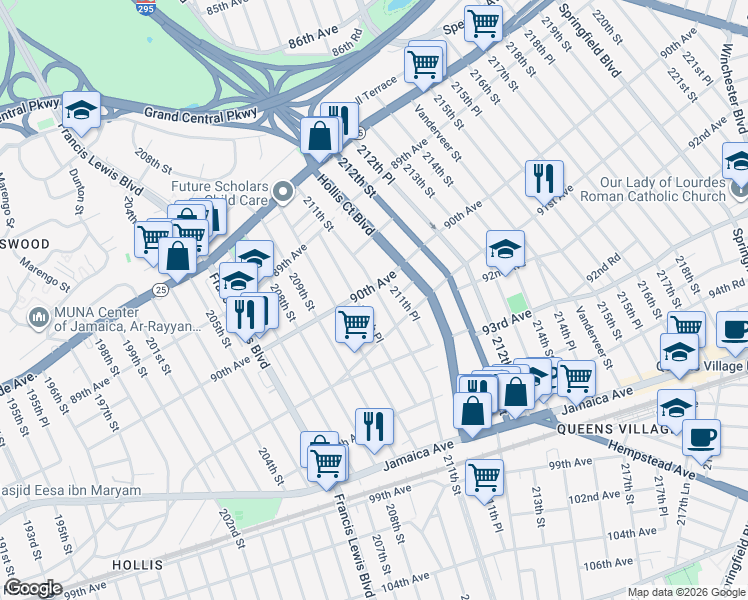 map of restaurants, bars, coffee shops, grocery stores, and more near 211-11 90th Avenue in Queens