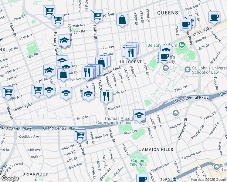 map of restaurants, bars, coffee shops, grocery stores, and more near 81-33 164th Place in Queens