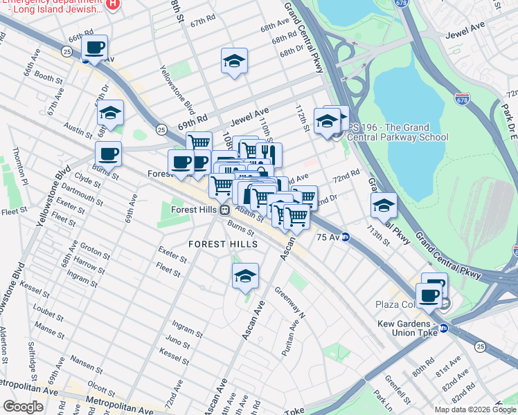 map of restaurants, bars, coffee shops, grocery stores, and more near 109-34 71st Road in Queens