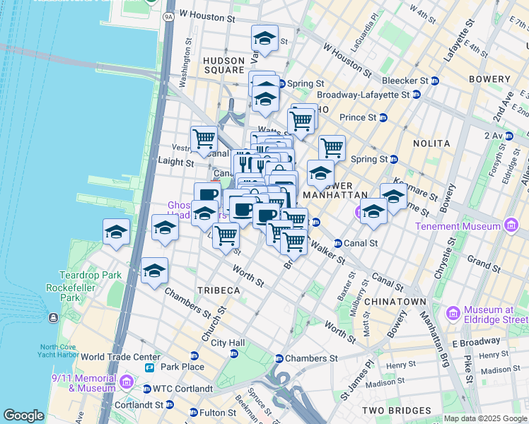 map of restaurants, bars, coffee shops, grocery stores, and more near 16 Walker Street in New York