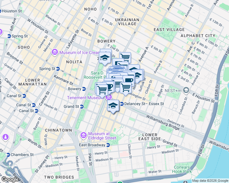 map of restaurants, bars, coffee shops, grocery stores, and more near 136 Orchard Street in New York